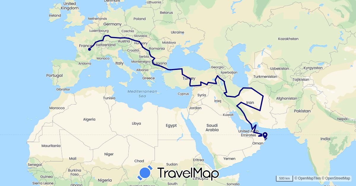 TravelMap itinerary: driving in United Arab Emirates, Austria, Bulgaria, Germany, France, Hungary, Iran, Oman, Romania, Turkey (Asia, Europe)