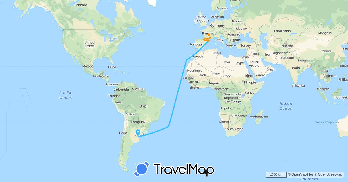 TravelMap itinerary: driving, boat, hitchhiking in Andorra, Argentina, Cape Verde, Spain, France, Morocco (Africa, Europe, South America)